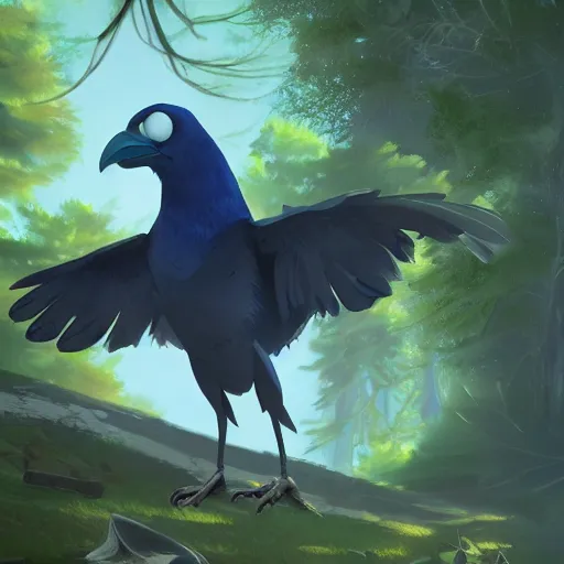 Image similar to concept art painting of an anthropomorphic albino raven wearing dark blue robes, in the deep forest, realistic, detailed, cel shaded, in the style of makoto shinkai and greg rutkowski and james gurney