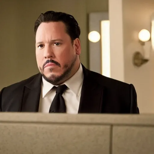 Image similar to clean-shaven Jon Favreau as Happy Hogan wearing a black suit and black necktie falling down into a city with a frightened expression on his face