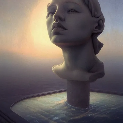 Image similar to peter tarka, minimalistic, hyperrealistic surrealism, award winning masterpiece with incredible details, epic stunning, astronaut sinking falling underwater infinity pool, a surreal vaporwave liminal space, highly detailed, trending on ArtStation, artgerm and greg rutkowski and alphonse mucha, daily deviation, IAMAG, broken giant marble head statue ruins, illuminated