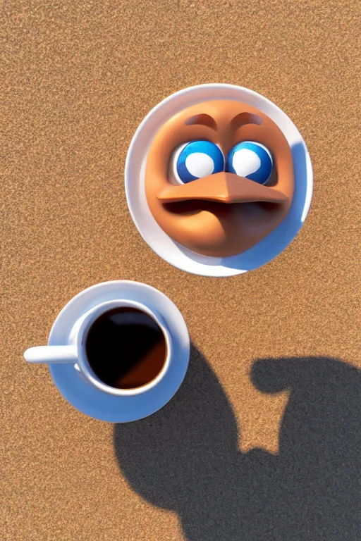 Prompt: Seagull Pixar character and a cup of coffee in the beach, Up movie style, 3d render