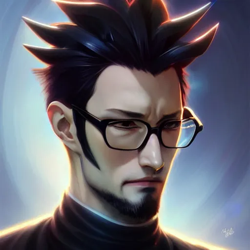 Prompt: portrait of gendo ikari ii evangelion, male, thin pursed lips, sharp jaw light black hair soft hair swept back short length hair, anime, fantasy, intricate, elegant, highly detailed, digital painting, artstation sharp focus, hunterpedia madonna art by artgerm and ruan jia and ross tran