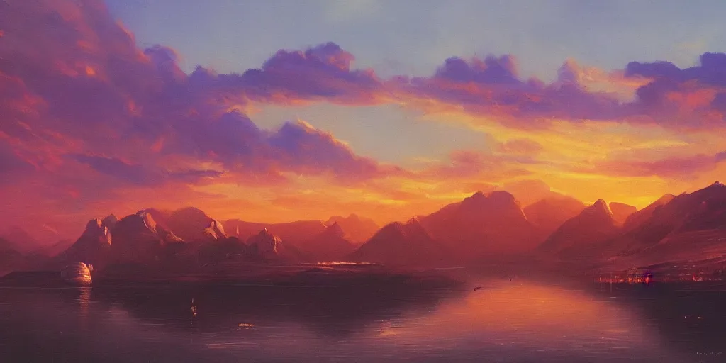 Prompt: a landscape with a futuristic city and spaceship flying in the sky, mountains, a lake and clouds in background at sunset, oil painting