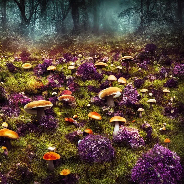 Image similar to a planet of various fungus, mushrooms, flowers and plants, inside the picture is infinity, Atmospheric, artistic photography, conceptual, long exposure outside the city, volumetric light