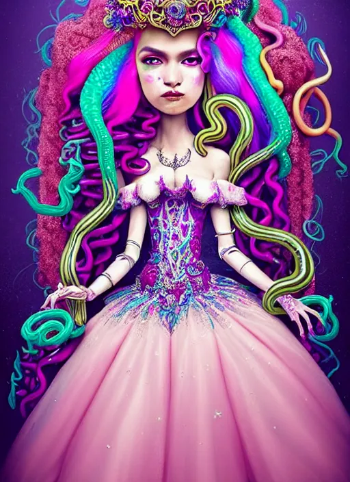 Prompt: A full body shot of a cute and mischievous monster princess with hair made of tentacles wearing an ornate ball gown covered in jewels. Dynamic Pose. Quinceanera dress. Rainbow palette. rainbowcore. Eldritch Beauty. defined facial features, symmetrical facial features. Opalescent surface. beautiful lighting. By Giger and Ruan Jia and Artgerm and WLOP and William-Adolphe Bouguereau. Photo real. Hyper-real. Photorealism. Fantasy Illustration. Sailor Moon hair. Masterpiece. trending on artstation, featured on pixiv, award winning, cinematic composition, dramatic pose, sharp, details, Hyper-detailed, HD, HDR, 4K, 8K.