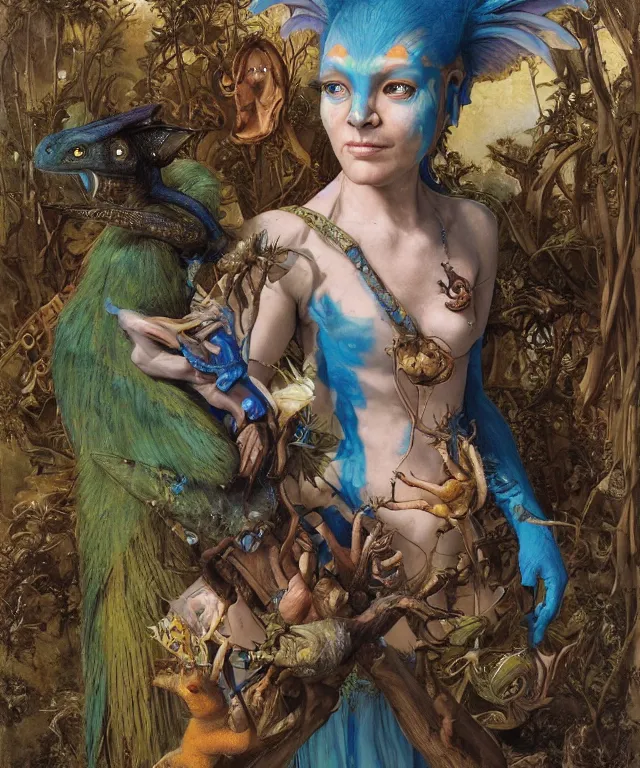 Prompt: a portrait photograph of a meditating fierce colorful harpy antilope super villian girl with slimy amphibian scaled blue skin. she is wearing a living organic dress. by donato giancola, hans holbein, walton ford, gaston bussiere, peter mohrbacher and brian froud. 8 k, cgsociety, fashion editorial