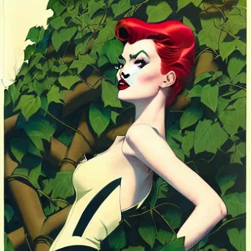 Prompt: joshua middleton, phil noto, artgerm, 1 9 5 0 s rockabilly emma stone poison ivy dc comics, pompadour, vines, symmetrical eyes, city rooftop