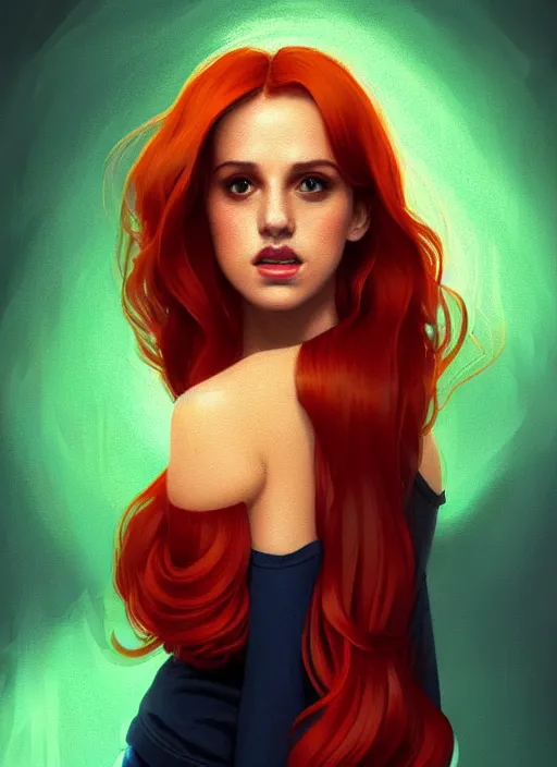 Image similar to full body portrait of teenage cheryl blossom, bangs, green eyes, mischievous expression, red hair, sultry smirk, bangs and wavy hair, intricate, elegant, glowing lights, highly detailed, digital painting, artstation, concept art, smooth, sharp focus, illustration, art by wlop, mars ravelo and greg rutkowski