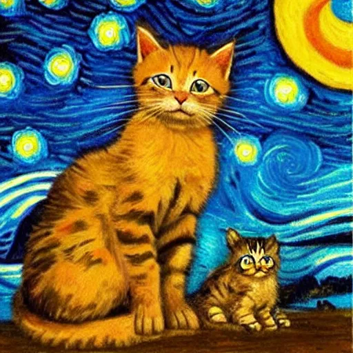 Image similar to kittens staring at moon in van goh a starry night