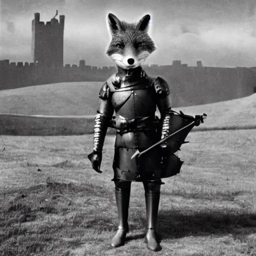 Image similar to anthropomorphic fox!! who is a medieval knight holding a swo - rd towards a s - tormy thundercloud [ 1 9 3 0 s film still ], ( castle in the background )