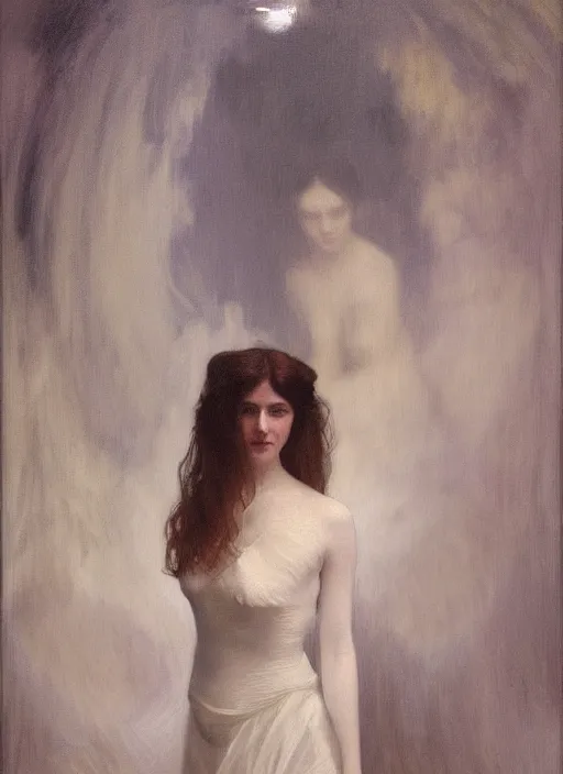 Prompt: an oil painting of a woman in a flowing white gown standing in a hazy, gloomy, dark room, art nouveau in the style of john singer sargent, greg rutkowski, maxfield parrish and alphonse mucha