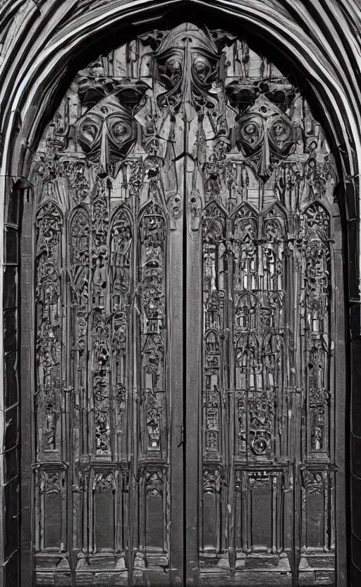Image similar to portal double doors. big face carved in the center. gothic medieval baroque. black iron. symmetry. epic. ominous shapes. hyper detailed. photoreal