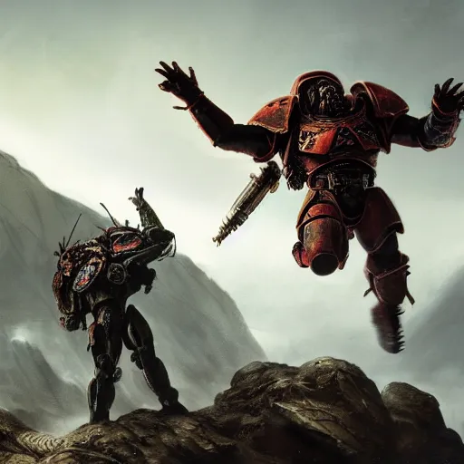 Prompt: A space marine fighting the Predator on top of a mountain, HD, cinematic, black clouds in the background, concept art, art by Leesha Hannigan and Greg Rutkowski, 8K, close up, incredibly high attention to detail, complex, good color blending, award winning artwork