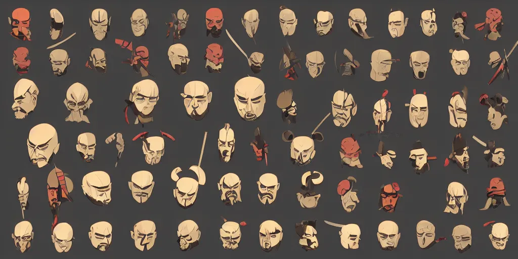 Prompt: game asset of unique samurai heads on black background, organic, disney animation color palette, smooth vector lines, toon shading, 5 colors, solid colors, flat 2 d design, 2 d sprites, 8 k, close up