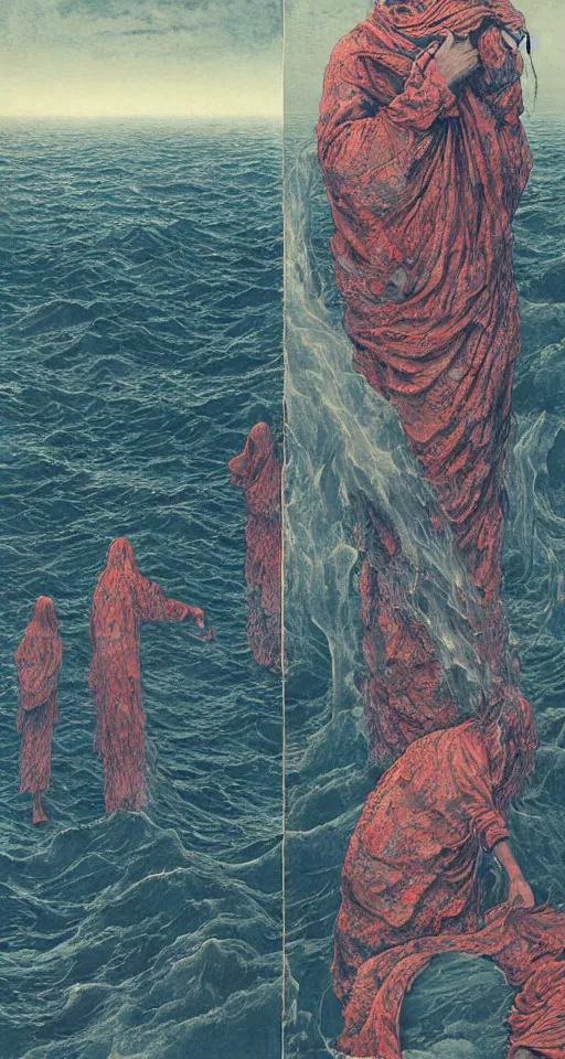 Prompt: worshippers in robes belonging to the cult of the lighthouse standing in waves, a lighthouse, high detailed beksinski painting, part by adrian ghenie and gerhard richter. art by takato yamamoto. masterpiece, deep colours, blue