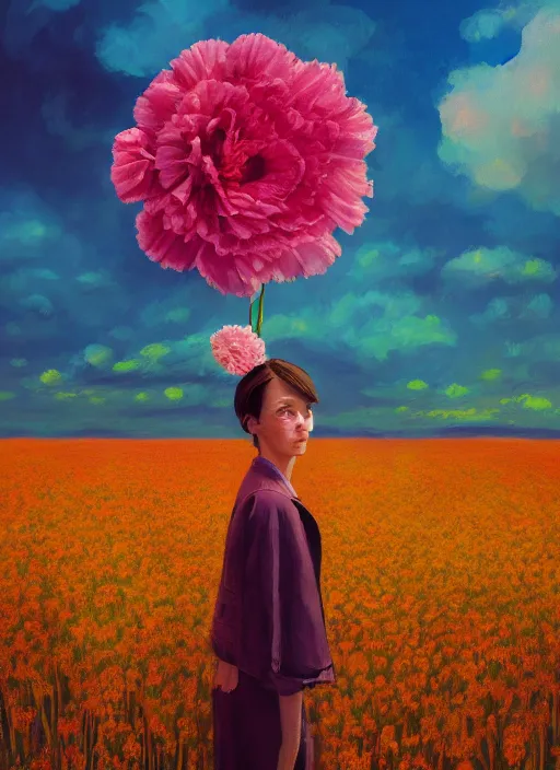 Prompt: portrait of a woman with a giant carnation as a face, flower field, surreal photography, sunset dramatic light, impressionist painting, colorful clouds, blue sky, digital painting, artstation, simon stalenhag