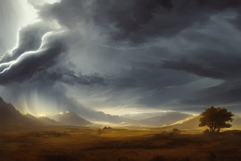 Image similar to beautiful serene landscape, tornado twister, storm, by raphael lacoste, low angle, wide angle, artstation