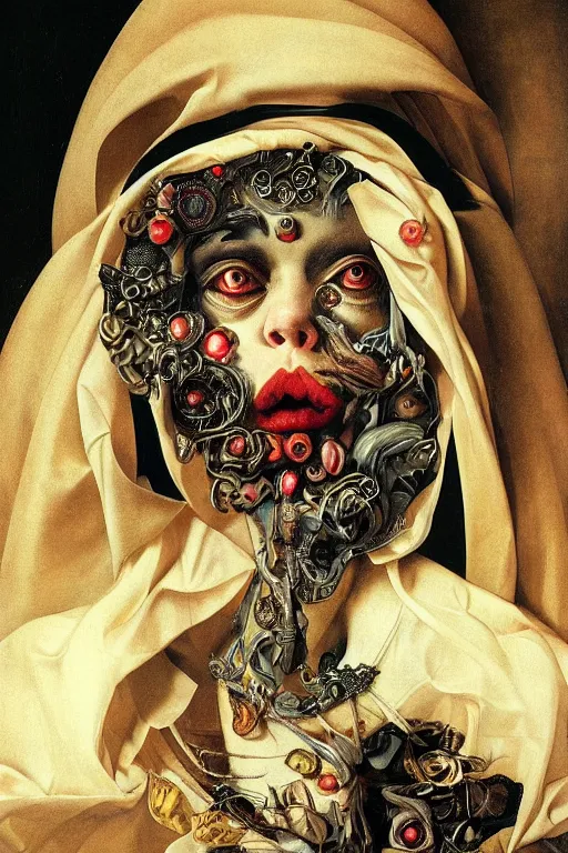 Image similar to Detailed maximalist portrait with large lips and with large wide eyes, surprised expression, extra flesh and eyes, HD mixed media, 3D collage, highly detailed and intricate, surreal illustration in the style of Caravaggio, dark art, baroque