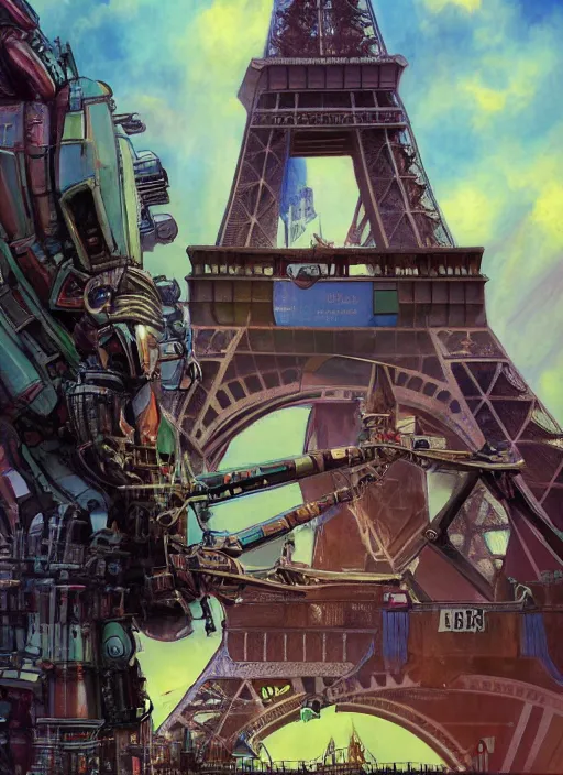 Image similar to realistic physically based rendering of a giant mechanical robot at the eiffel tower by jack kirby and simon bisley, epic, awesome trendy color palette, cinematic