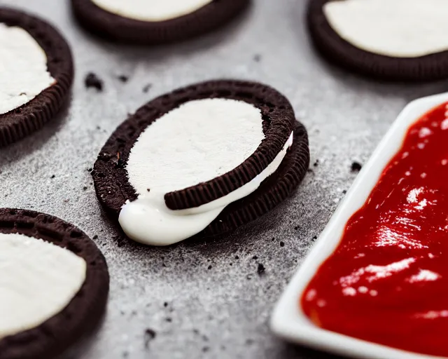 Image similar to dlsr food photograph of an oreo dipped in ketchup, on a white platebokeh, 5 0 mm f 1. 4