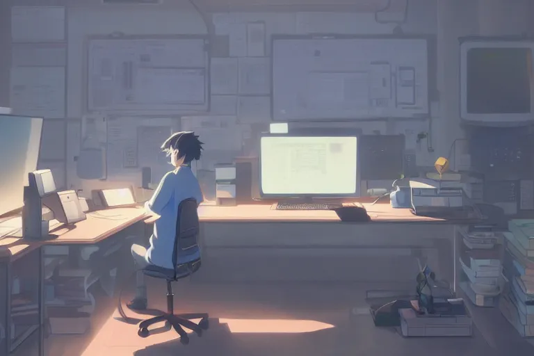 Prompt: a nerdy boy is programming at a computer in a room full of gadgets, by makoto shinkai and ghibli studio, dramatic lighting, highly detailed, incredible quality, trending on artstation