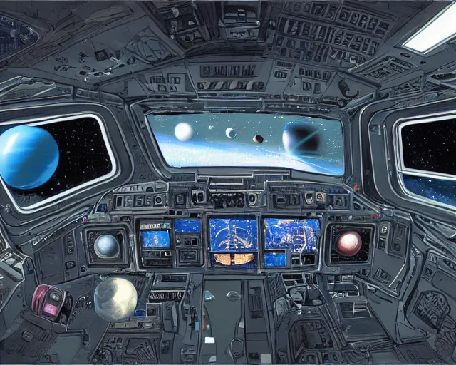 Prompt: highly detailed concept art of spacecraft cockpit with cables, switches, and screens, looking out at a planet, by Ron Cobb