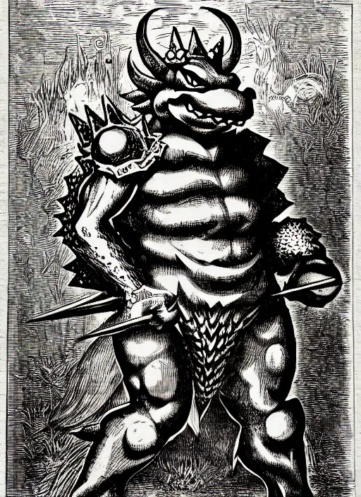 Image similar to illustration of bowser the king koopa as a demon from the dictionarre infernal, etching by louis le breton, 1 8 6 9, 1 2 0 0 dpi scan, ultrasharp detail, clean scan