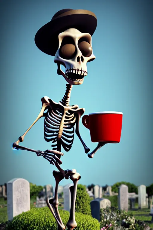 Prompt: a funny skeleton character holding a cup of coffee on a cemetery. pixar disney 4 k 3 d render funny animation movie oscar winning trending on artstation and behance. ratatouille style.