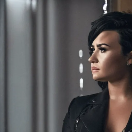 Image similar to close-up of Demi Lovato as a detective in a movie directed by Christopher Nolan, movie still frame, promotional image, imax 70 mm footage