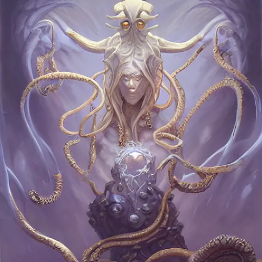 Prompt: angelarium, cthulhu, illithid, white marble and gold, oil painting, by peter mohrbacher