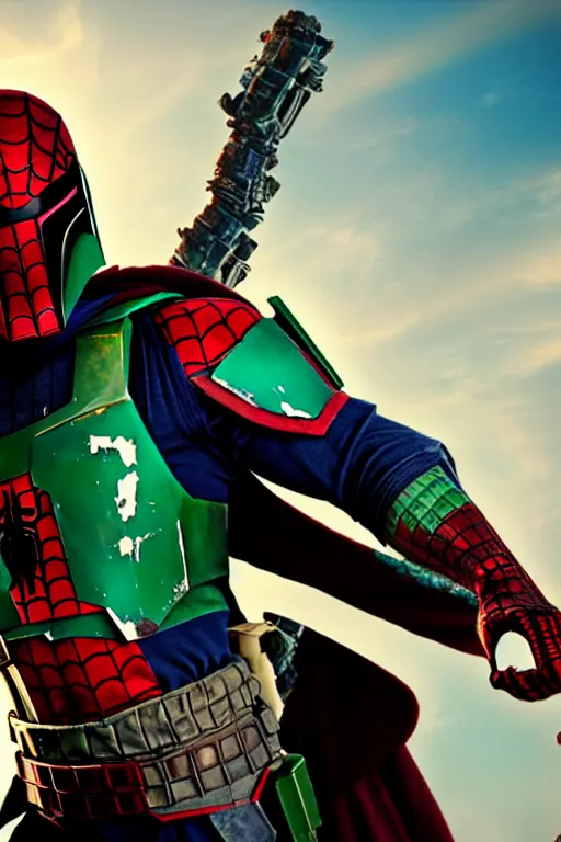 Prompt: boba fett mixed with spiderman, digital art, movie still from thor ragnarok, insane detail