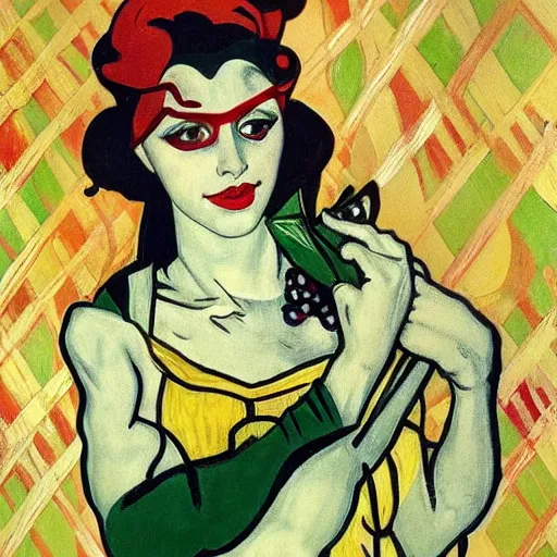 Prompt: harley quinn at the cucumber soup party, elegant, clear, sharp focus, bold colors, smooth, alphonse mucha, vincent van gogh, egon schiele,