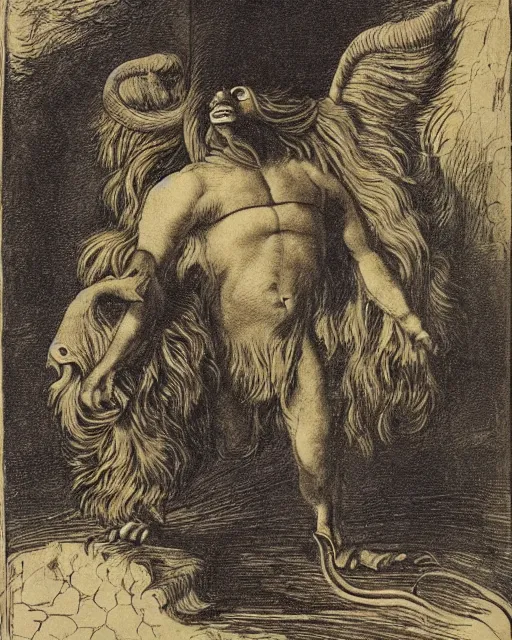 Image similar to a creature with the body and eyes of a man, with the beak of an eagle, the mane of a lion, and the horns of an ox. drawn by francis bacon