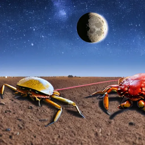 Image similar to crabs in the middle of nowhere queue in a line behind a slingshot pointed towards the moon to be sent to the moon