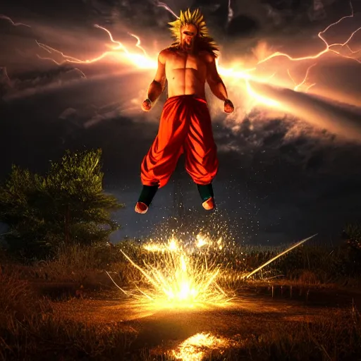 Image similar to jesus Christ as super saiyan, lightning in the sky, glowing, highly detailed, focus, photorealistic, cryengine