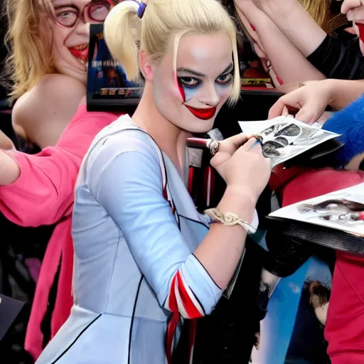 Prompt: margot robbie as harley quinn from suicide squad signing autographs