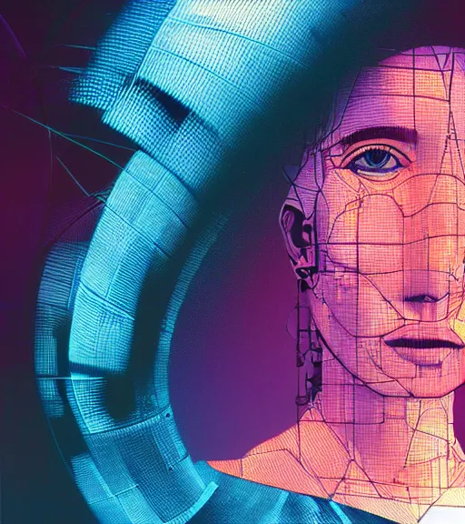 Prompt: hologram of a female face on a backdrop of data, Industrial Scifi, detailed illustration, character portrait, by Martin Grip and Moebius