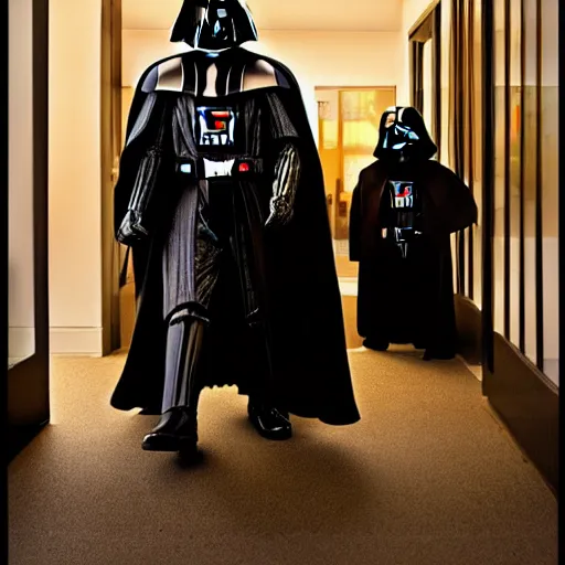 Image similar to darth vader is walking up the front walk of a chicago bungalow at night, menacing.