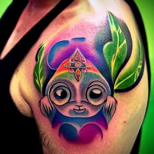 Image similar to shoulder tattoo of a multicolored meditating cute bush baby, eyes are sparkeling rainbow spirals, glowing chakra symbols, surrounded with colorful lotus leaves, insanely integrate