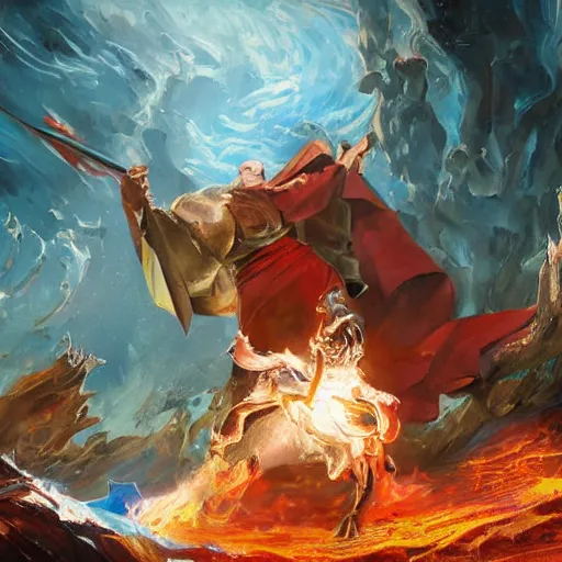 Image similar to Highly detailed oil painting, concept art, of a wizard casting a fireball spell, fighting against a huge ice giant, red and blue color scheme, concept art, highly detailed.