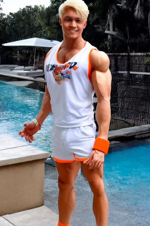 Image similar to a handsome bodybuilder with blonde hair who is also a male android, ken, muscular, wearing a cut-off white crop top and short light orange shorts stands by a swimming pool, shiny skin, robotic