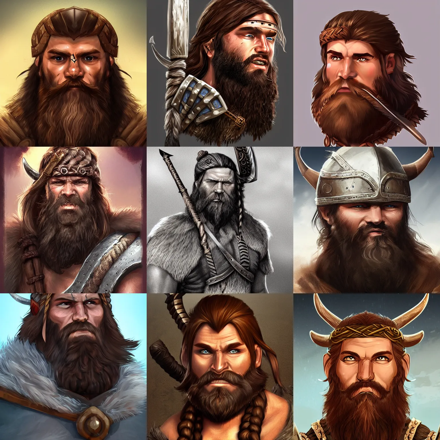 Prompt: Viking Barbarian with long brown beard, short hair, D&D Character Head Portrait, Digital Art, Detailed, Trending on Artstation