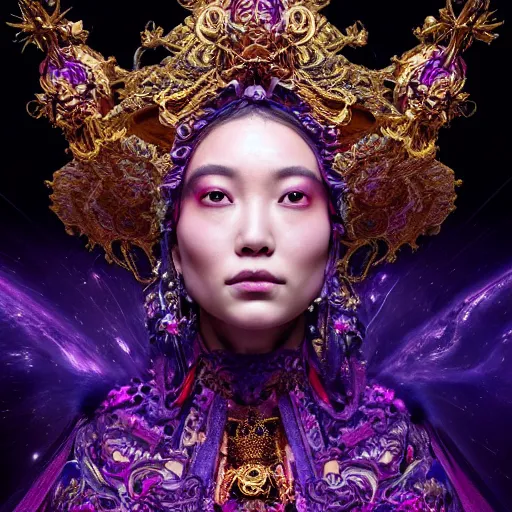 Image similar to a beautiful empress portrait, with a brilliant, impossible striking big cosmic galaxy headpiece, clothes entirely made out of cosmos chaos energy, symmetrical, dramatic studio lighting, rococo, baroque, jewels, asian, hyperrealism, closeup, D&D, fantasy, intricate, elegant, highly detailed, digital painting, artstation, octane render, 8k, concept art, matte, sharp focus, illustration, art by Artgerm and Greg Rutkowski and Alphonse Mucha