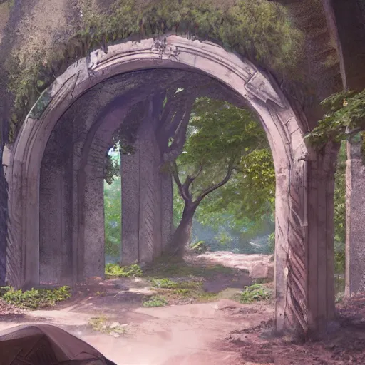 Image similar to concept art painting of an ornate ancient stone archway, in the woods, trees in foreground, realistic, detailed, cel shaded, in the style of makoto shinkai and greg rutkowski and james gurney