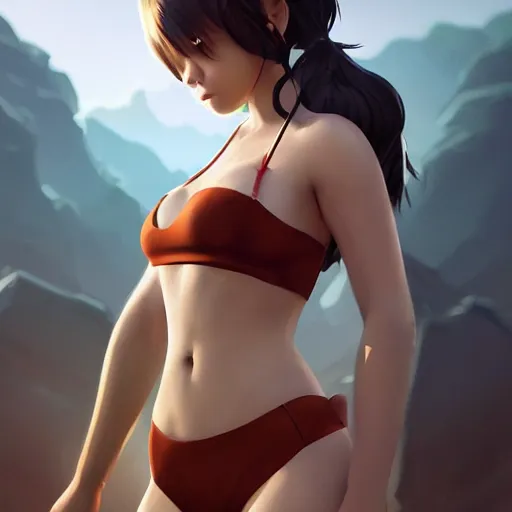 Image similar to kodak portra. by wlop, ilya kuvshinov, krenz cushart, greg rutkowski, trending on pixiv. zbrush sculpt, octane, maya, houdini, vfx. cute amazon woman wearing bikini armor. digital painting. cinematic dramatic atmosphere, sharp focus, volumetric lighting.