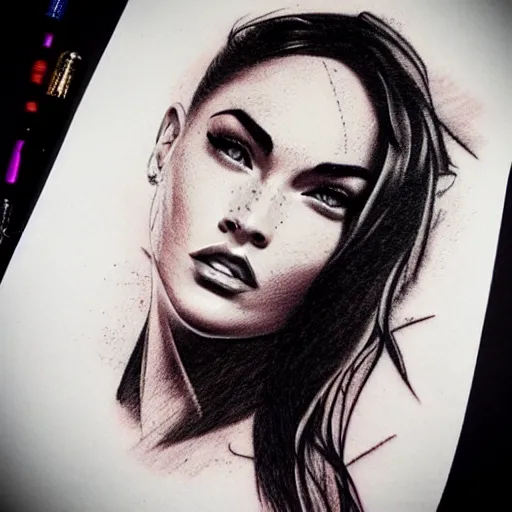 Image similar to tattoo sketch of megan fox's face blended in amazing mountain scenery, in the style of dan mountford