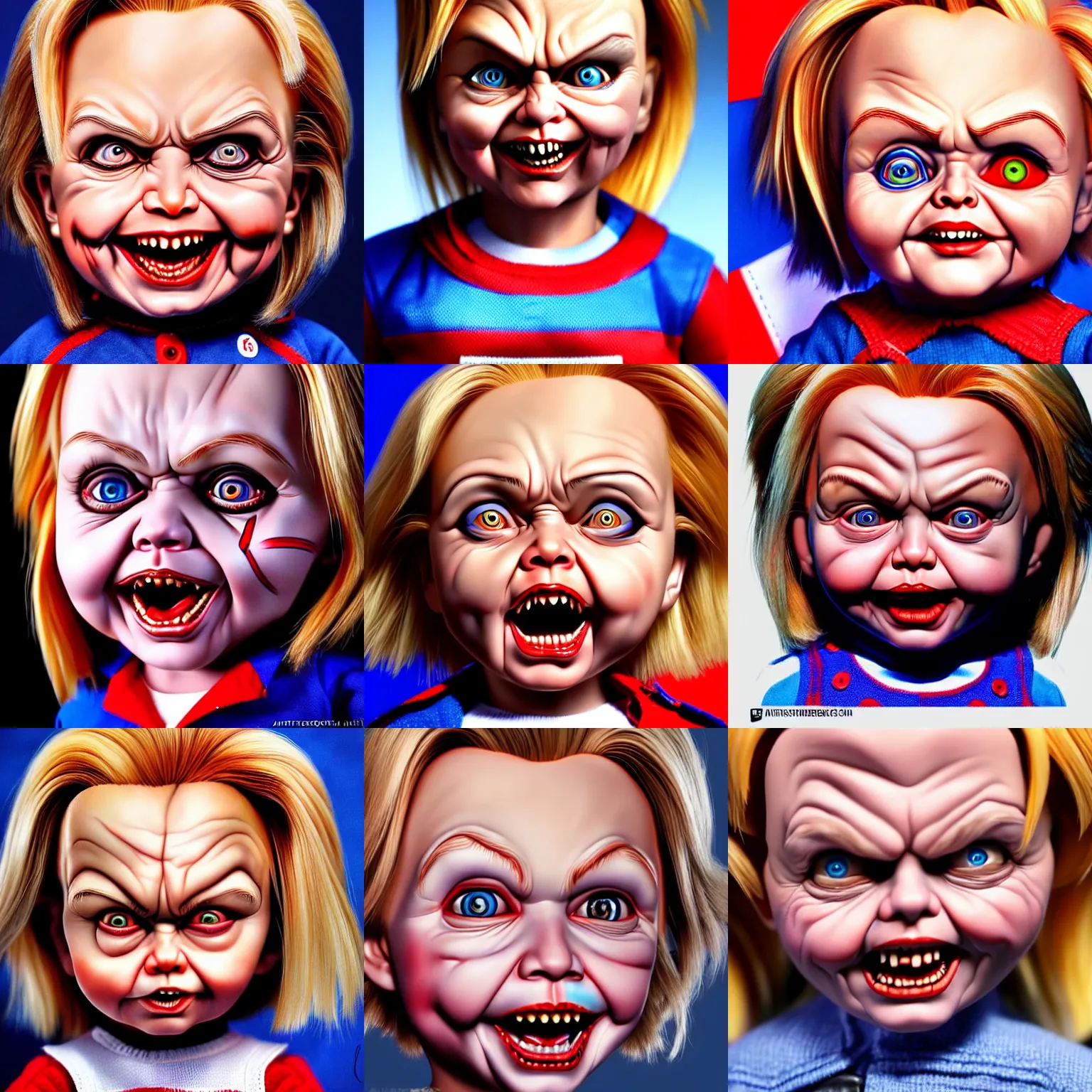 Prompt: a detailed portrait of hillary clinton fused with chucky from childsplay, by artgerm, high details