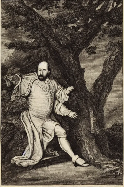 Prompt: shakespeare sitting beneath a shade tree with a big pile of crumpled parchment behind him