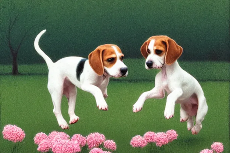 Prompt: white and brown beagle dog playing in a full of pink flowers, by Quint Buchholz, light pastel colors, detailed, bright daylight, happy