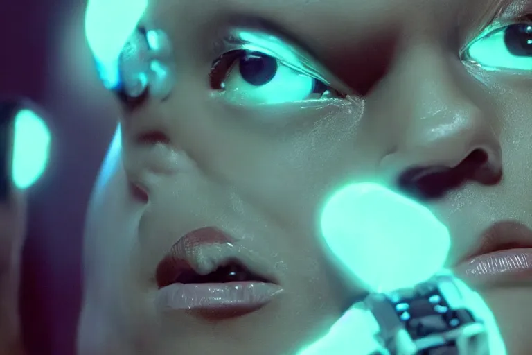 Image similar to VFX movie of a futuristic robot closeup portrait in living room, beautiful natural skin neon lighting by Emmanuel Lubezki