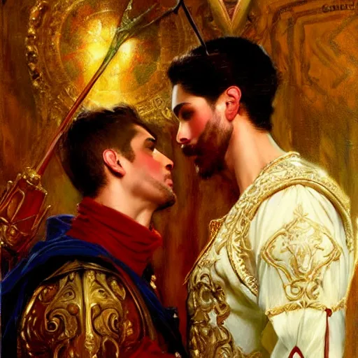 Image similar to attractive fully clothed king confesses his love for his attractive fully clothed male prince. highly detailed painting by gaston bussiere, craig mullins, j. c. leyendecker